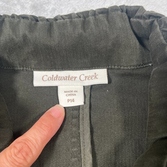 Coldwater Creek Collared Jacket Women 14P Army Green Cinch Waist Roll Tab Sleeve - Picture 3 of 10